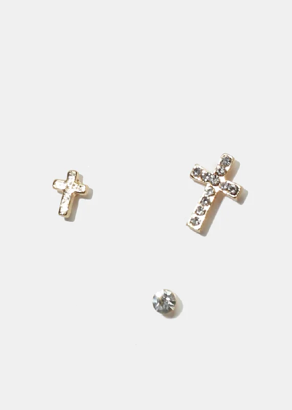 3-Pair Rhinestone Cross Stud Earrings