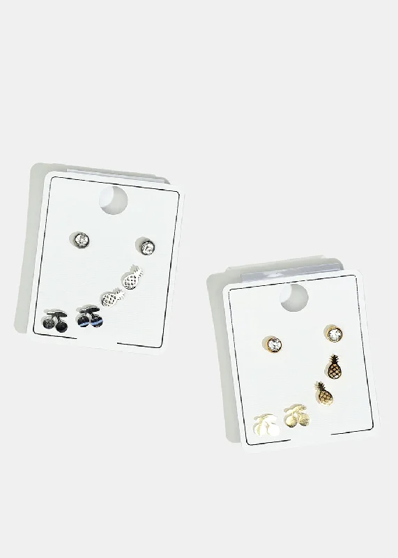 3-Pair Rhinestone & Fruit Stud Earrings