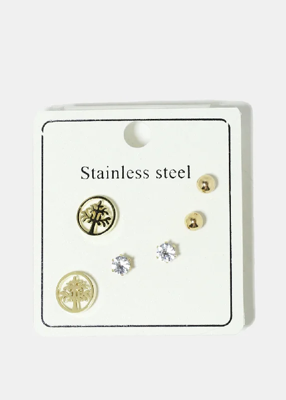 3-Pair Stainless Steel Stud Earrings