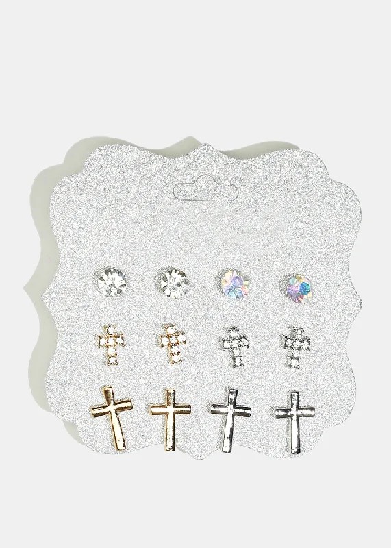 6-Pair Gemstone & Cross Stud Earrings