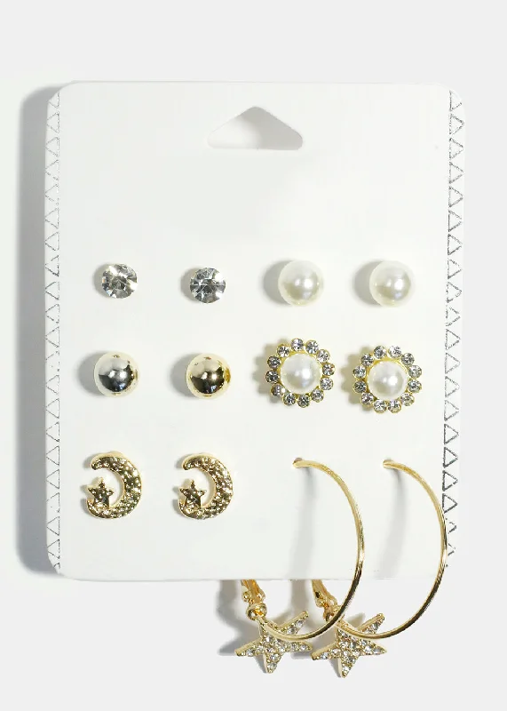 6-Pair Stud & Star Hoop Earrings