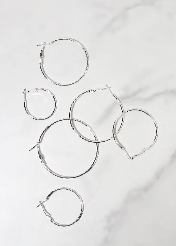 6 Pair Thin Silver Hoop Earrings