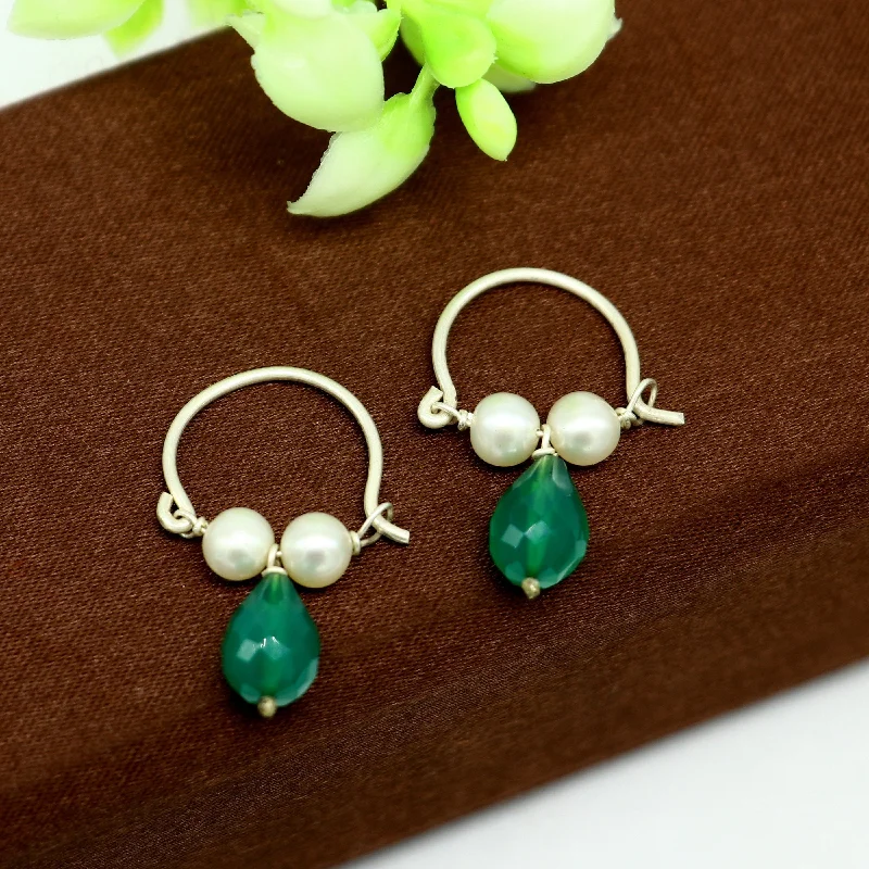 925 sterling silver custom made hoops earring, gorgeous hanging pearls and green stone ,hoops earring for kids, girl's gifting jewelry s911