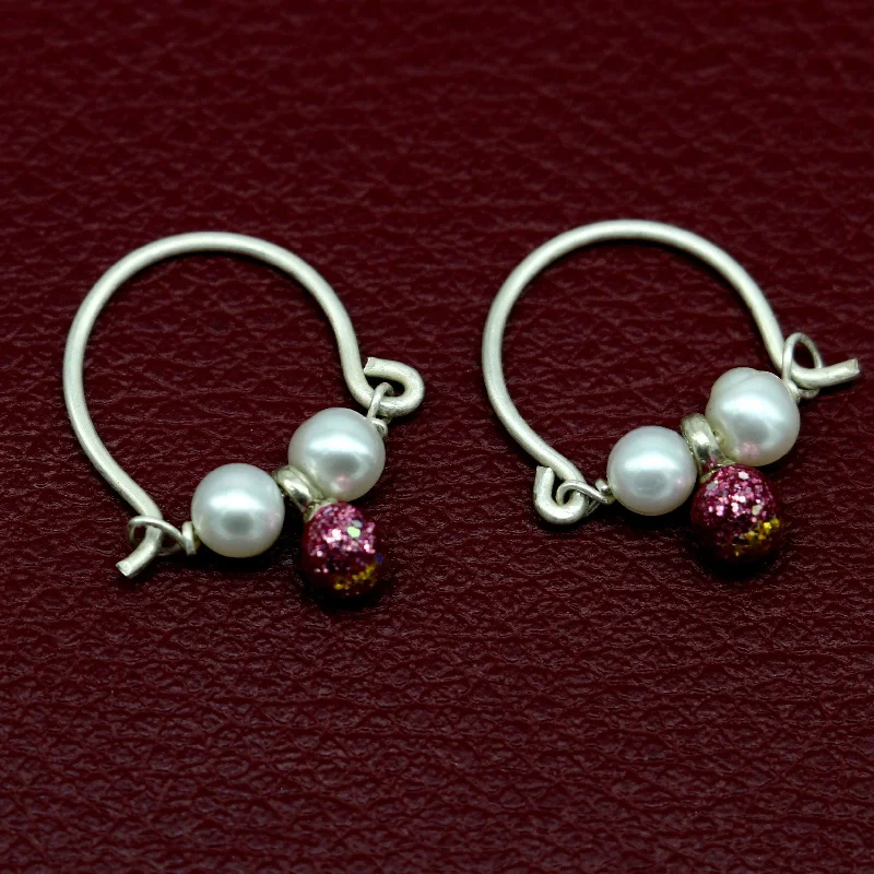 925 sterling silver custom made hoops earring, gorgeous hanging pearls, Vintage bali hoops earring for kids, girl's gifting jewelry s913