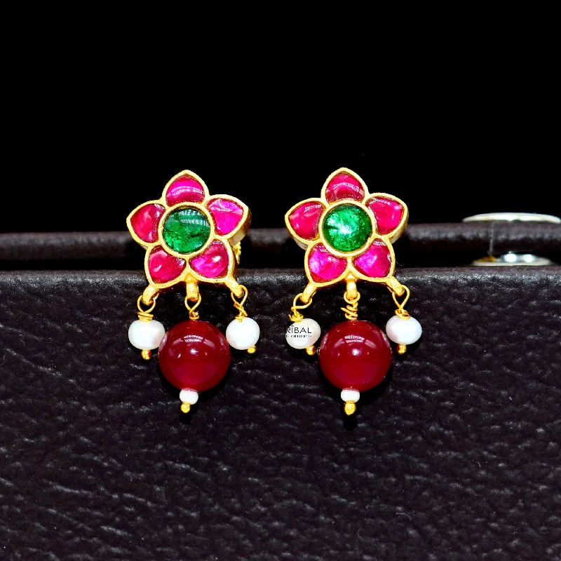 925 sterling silver gold polished handmade kundan work Chunky green and red stone fabulous flower shape stud earrings trendy jewelry s1174