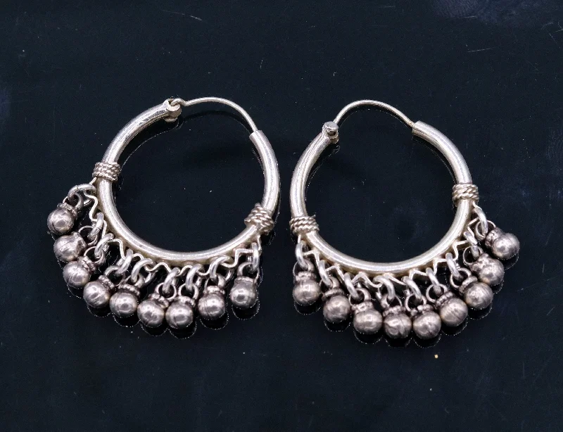 925 Sterling silver handmade fabulous hoops earrings with hanging bells amazing antique designer earrings jewelry for girl's s334