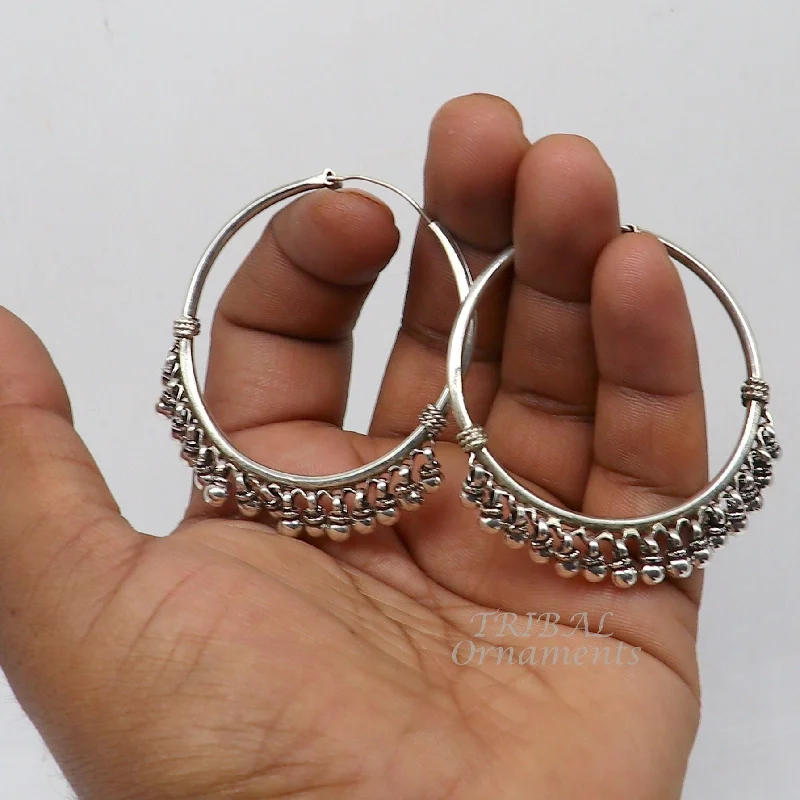 925 sterling silver handmade hoop earring elegant delegate Bali, hanging bells, hook, hoop gifting gorgeous tribal customized jewelry s1117