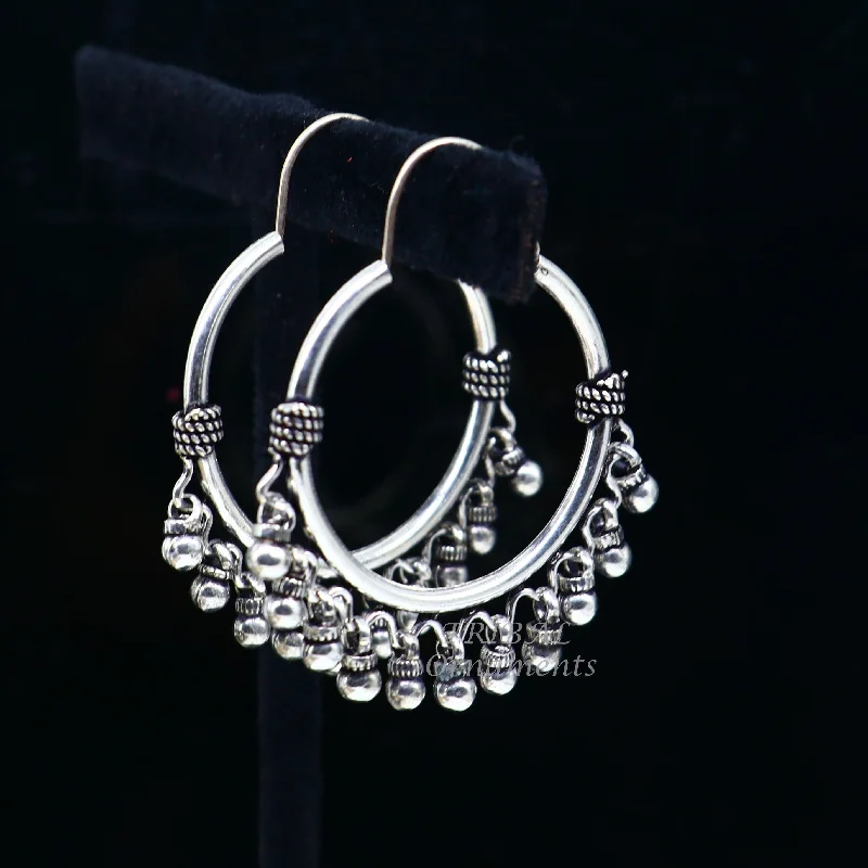 925 sterling silver handmade hoop earring, fabulous Bali, hanging bells, hook, hoop gifting gorgeous tribal customized jewelry s1037