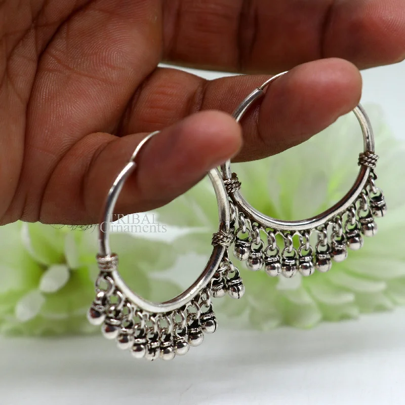 925 sterling silver handmade hoop earring, fabulous Bali, hanging bells, hook, hoop gifting gorgeous tribal customized jewelry s368