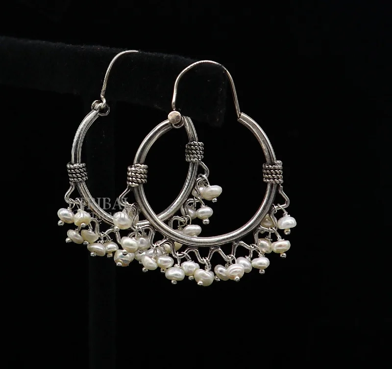 925 sterling silver handmade hoop earring, fabulous Bali, hanging pearls, hook, hoop gifting gorgeous tribal customized jewelry s1146