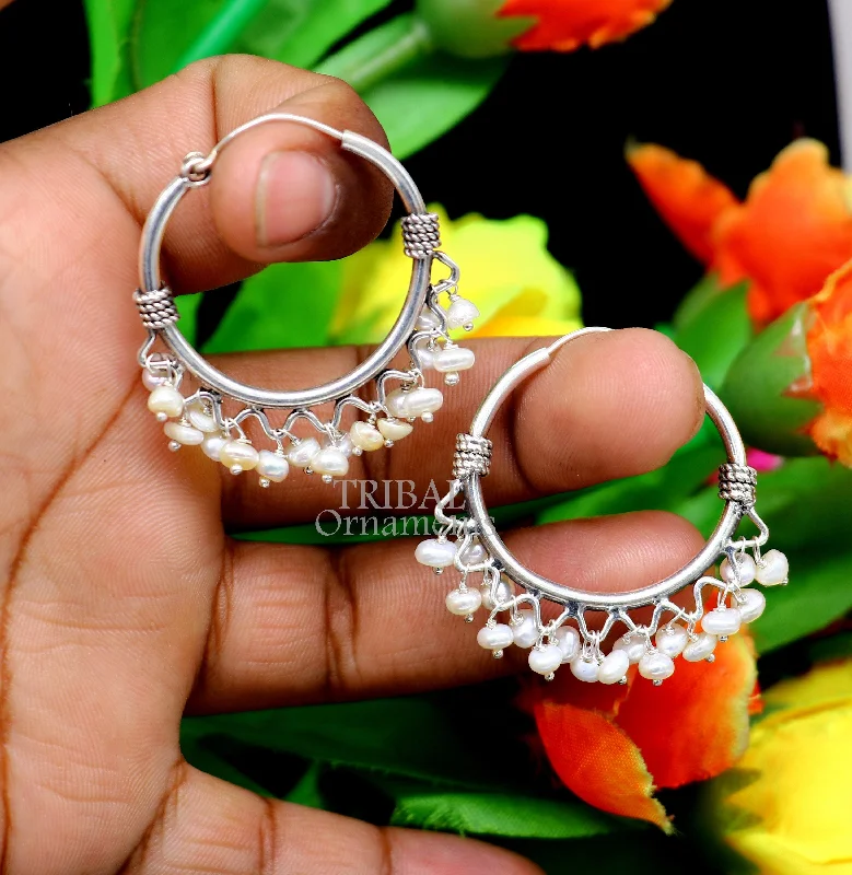 925 sterling silver handmade hoop earring, fabulous Bali, hanging pearls, hook, hoop gifting gorgeous tribal customized jewelry s1147