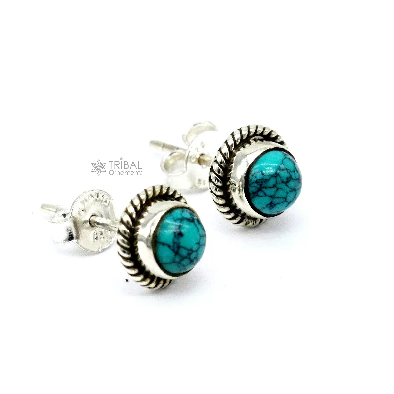 925 sterling silver handmade stud earring with gorgeous single blue turquoise stone stud earring best unisex jewelry s1280