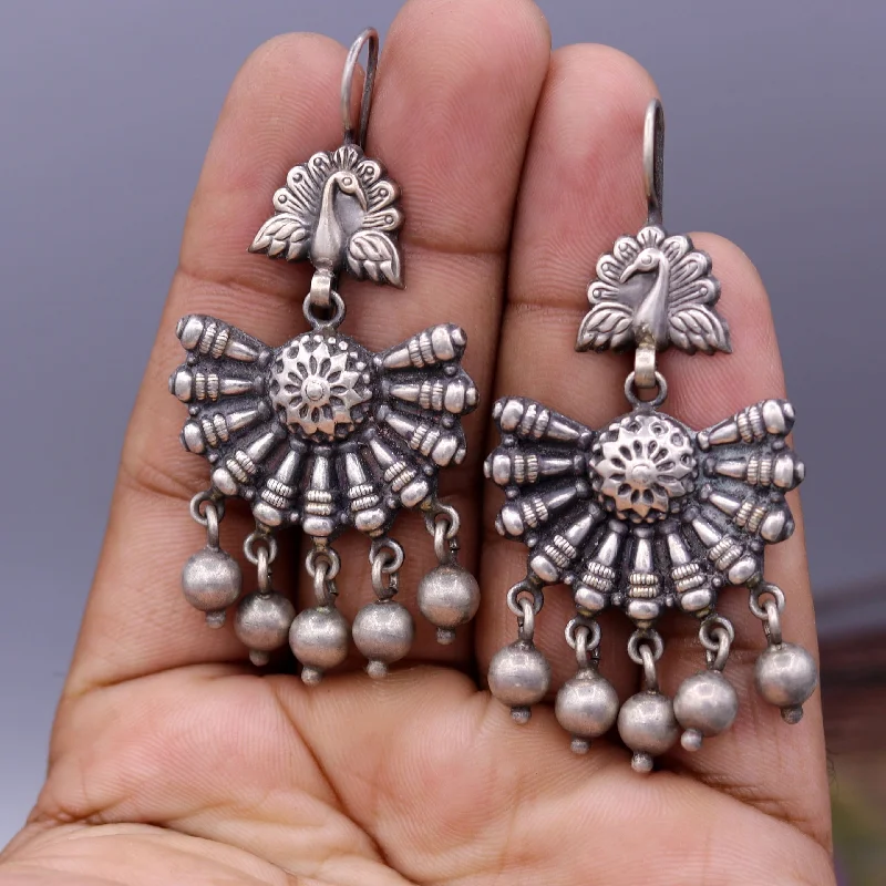 925 sterling silver handmade Vintage antique design gorgeous hoops earrings hanging jingle bells tribal jewelry  s354