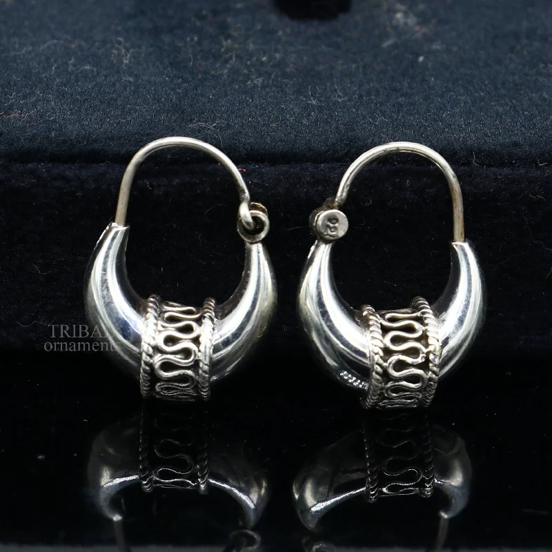 925 sterling silver Handmade vintage ethnic style hoops earrings Kundal unisex tribal stylish unique Bali jewelry from India ear1214