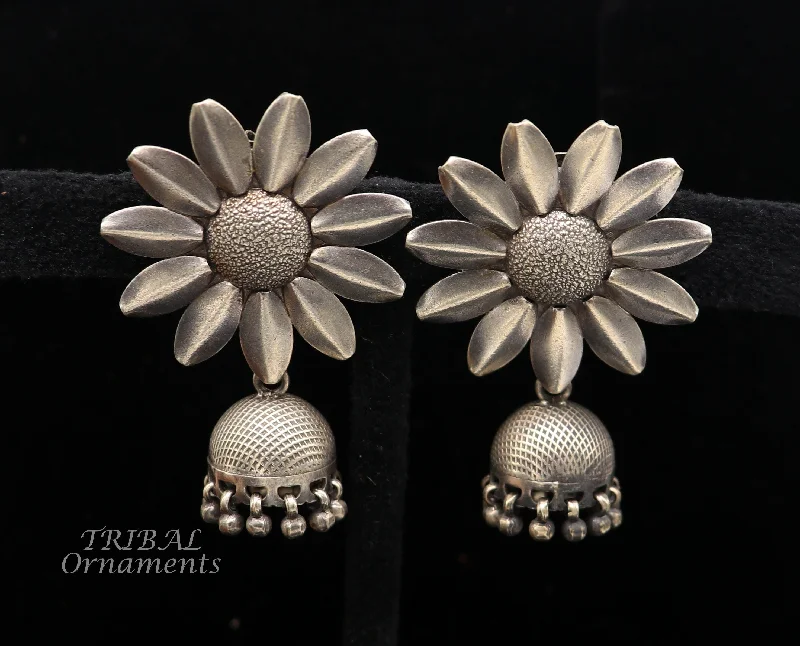 925 sterling silver large round flower design handmade stud earring with hanging jhumka, best ethnic tribal jewelry s1108