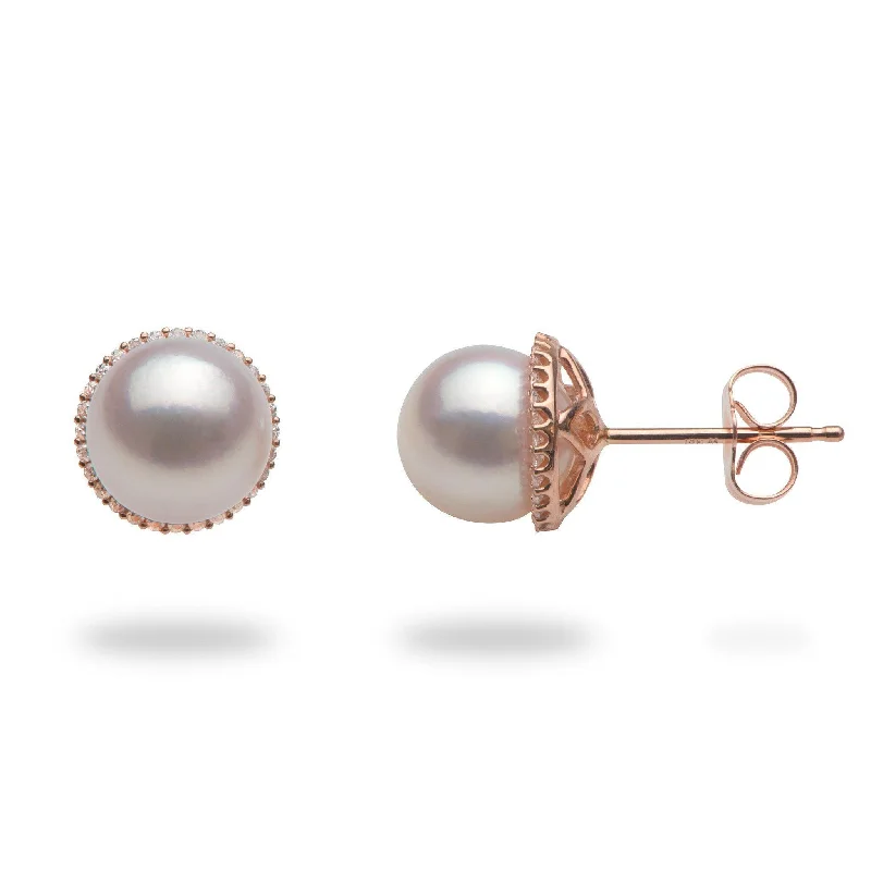 Akoya Pearl Earrings in Rose Gold with Diamonds - 8mm