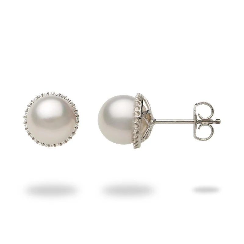 Halo Akoya White Pearl Earrings in White Gold with Diamonds - 8-8.5mm