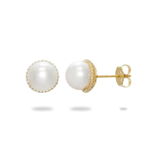 Halo Akoya Pearl Earrings in Gold with Diamonds - 8-8.5mm