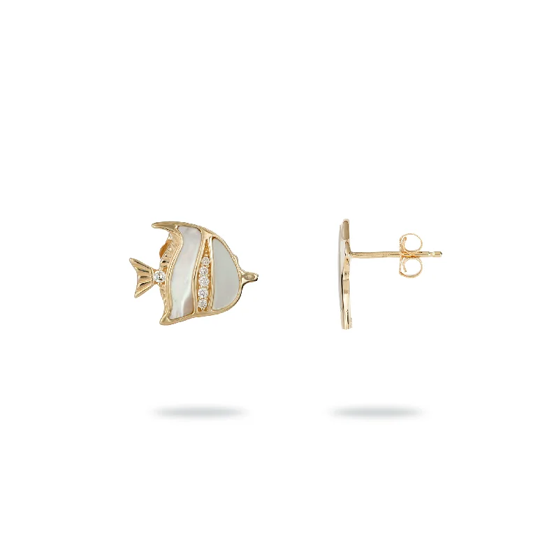 Sealife Angelfish Mother of Pearl Earrings in Gold with Diamonds - 12mm