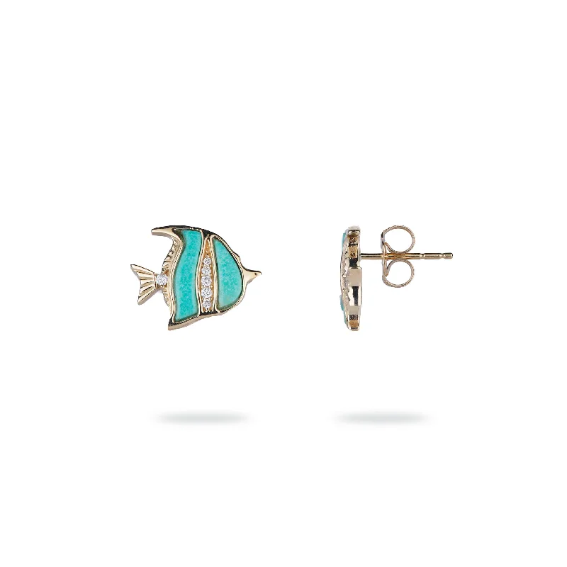 Sealife Angelfish Turquoise Earrings in Gold with Diamonds - 12mm