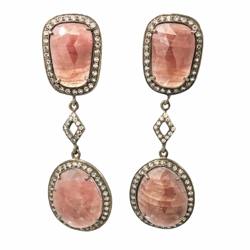 Antiqued SS Hematoid Quartz & White Topaz Dangle Earrings