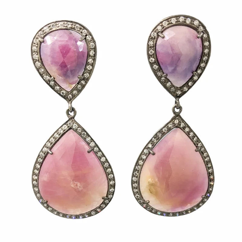 Antiqued SS Pink Sapphire & White Topaz Dangle Earrings