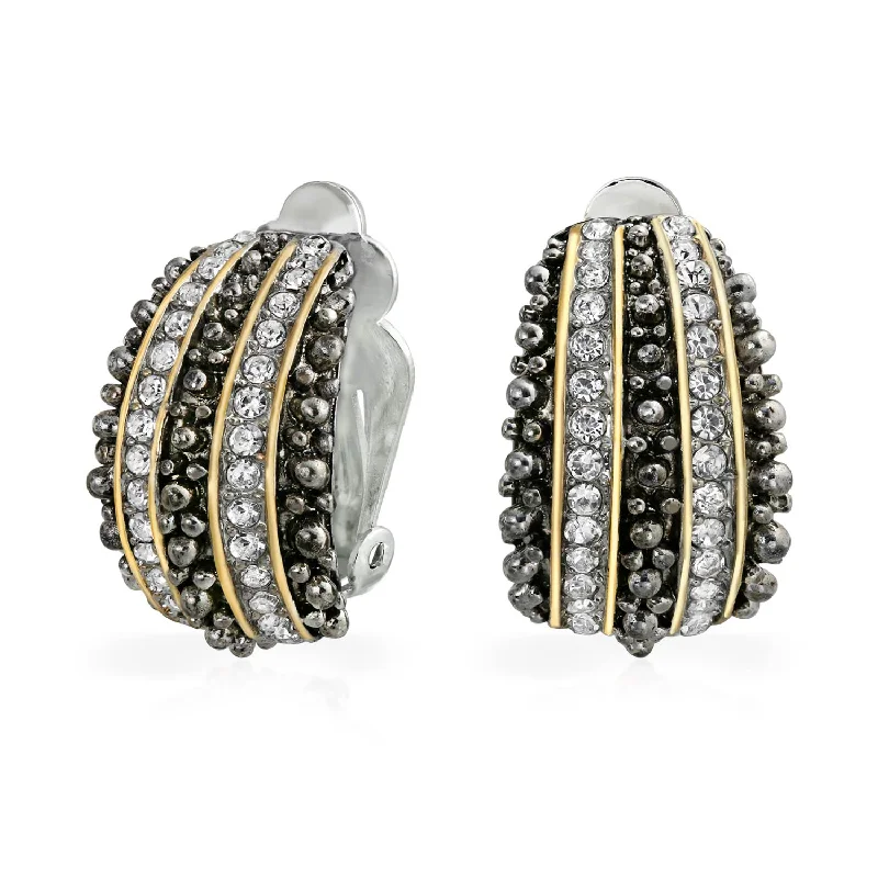 Bali Style Caviar Beading Crystal Half Hoop Clip-On Earrings 14K Gold Plated Brass