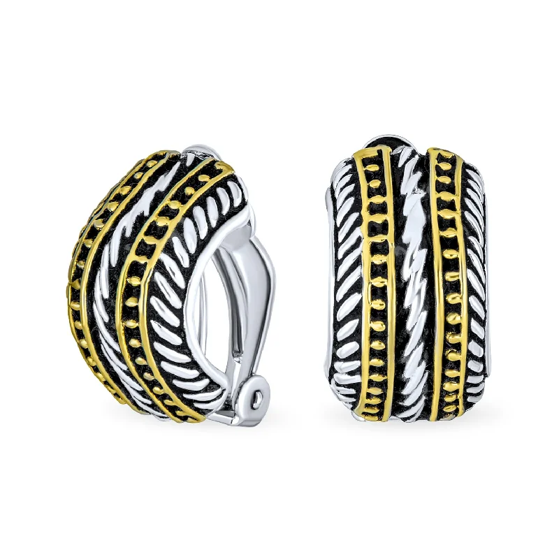 Bali Style Two Tone Rope Half Hoop Clip-On Earrings Gold Silver Plated Brass