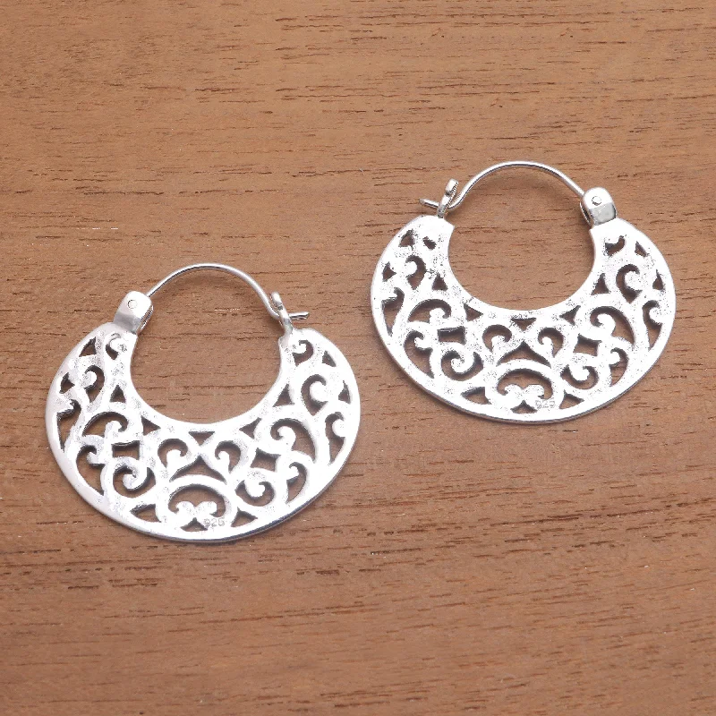 Beautiful Curves Openwork Sterling Silver Hoop Earrings from Bali