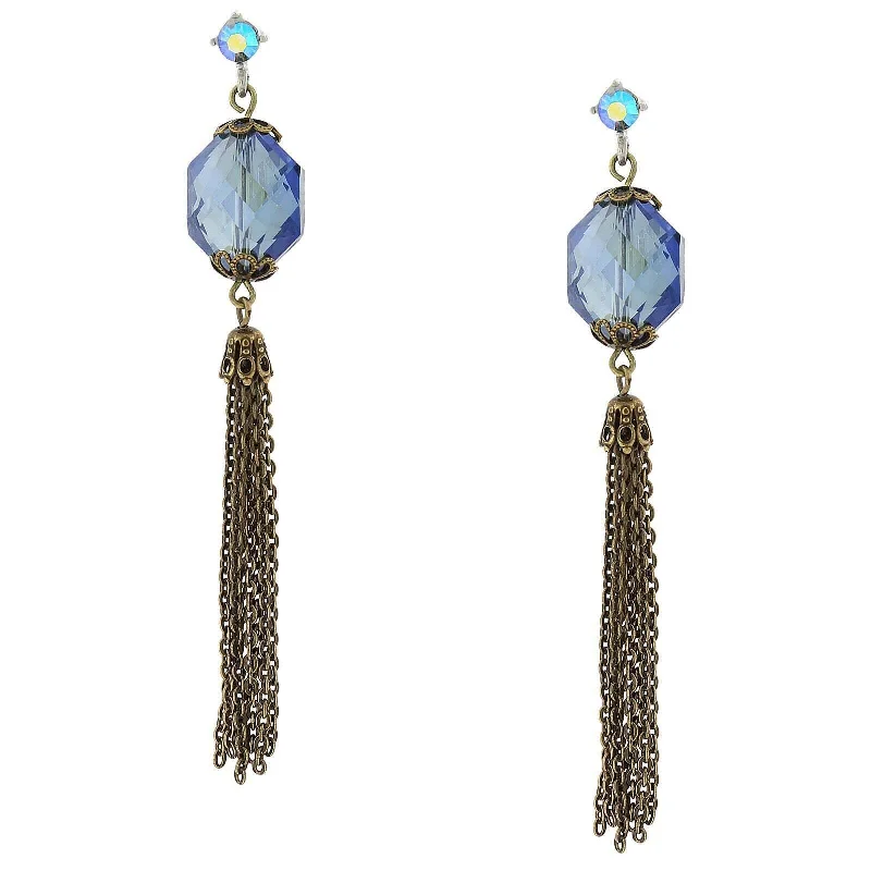 2028 Jewelry Burnished Brass Blue Ab Crystal Linear Tassel Earrings