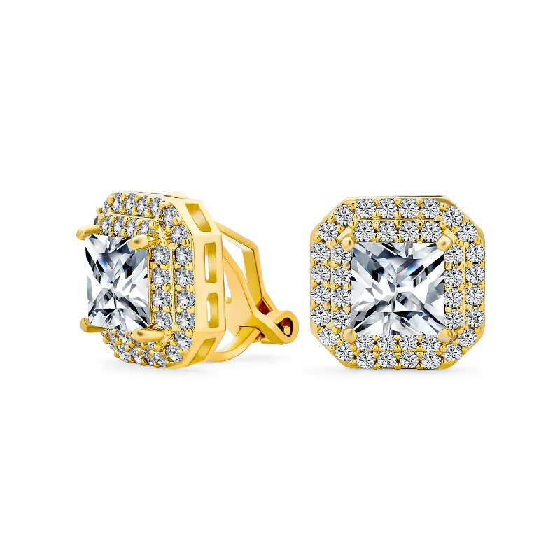 Traditional Bridal Square Princess Cut CZ Stud Clip-On Earrings 14K Gold Plated