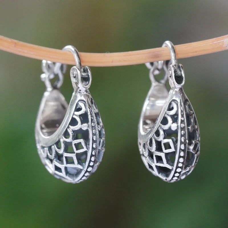 Curved Elegance Openwork Sterling Silver Hoop Earrings from Bali