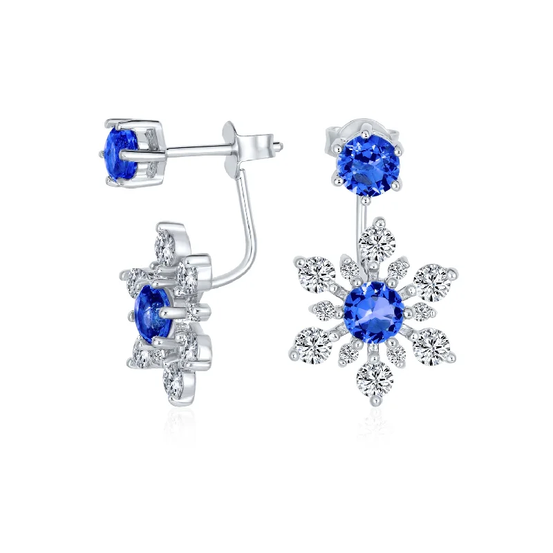 Holiday Party Earring Jacket Blue Sapphire Snowflake Studs in Sterling Silver