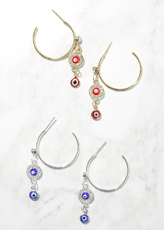 Evil Eye Dangle Charm Hoop Earrings