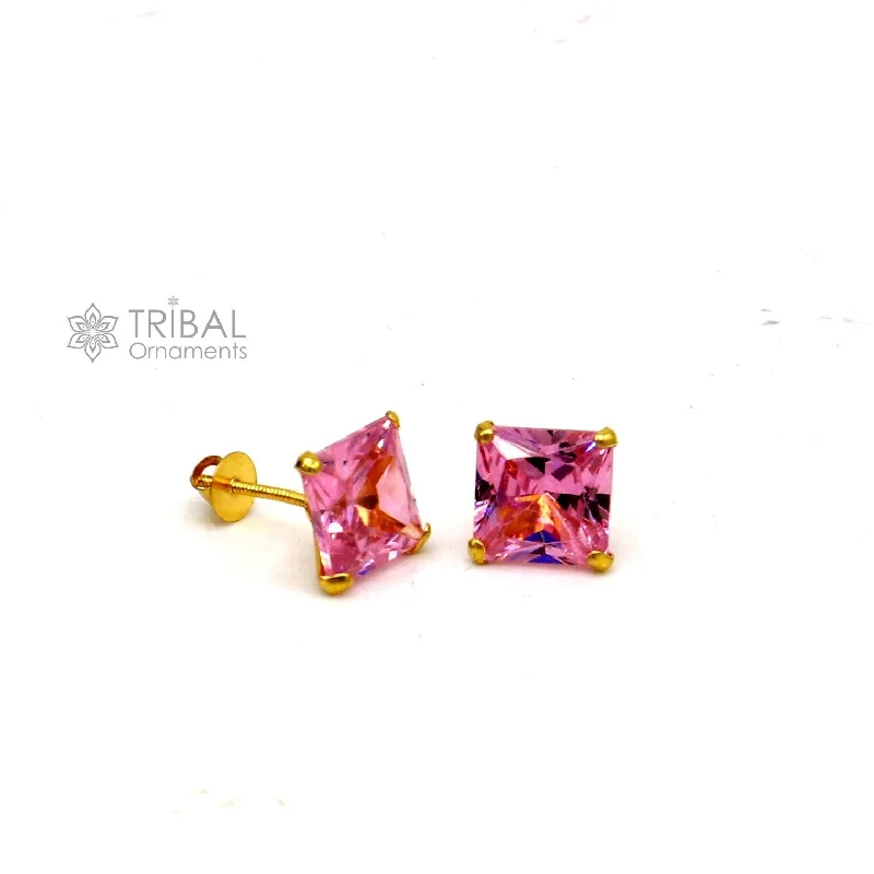 Exclusive 14kt yellow gold handmade single cubic zircon stone square shape stud earring cartilage customized unisex jewelry er180