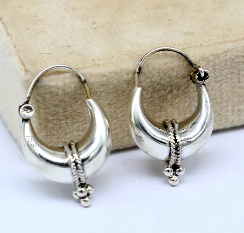 Exclusive 925 sterling silver Handmade vintage ethnic style hoops earrings Kundal unisex tribal stylish unique Bali jewelry India ear1230