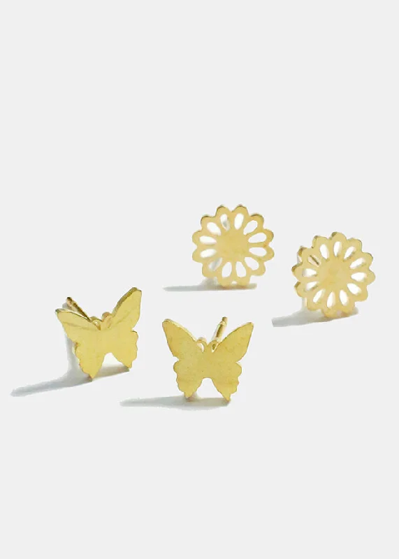 Flower and Butterfly Stud Earrings