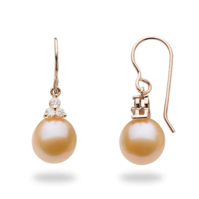 Peach Freshwater Pearl Earrings in Rose Gold with Diamonds - 9-10mm