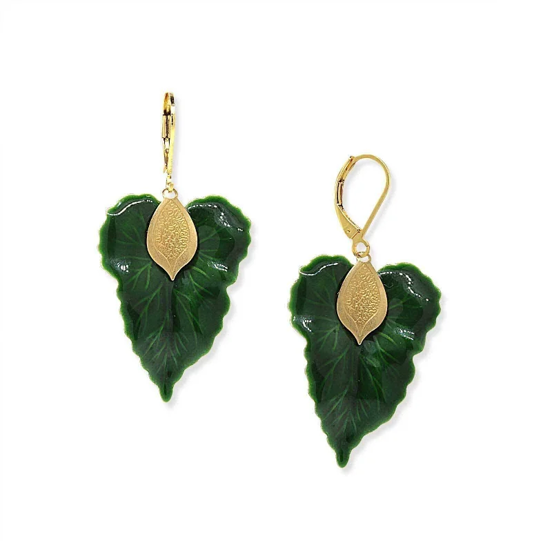 1928 Jewelry Green Enamel Leaf Lever Back Earrings