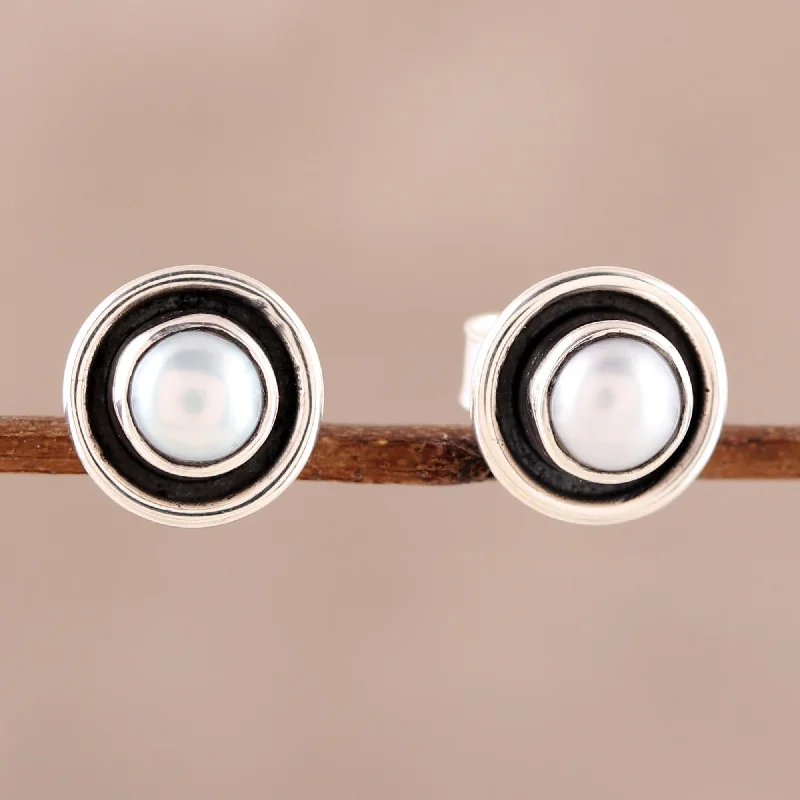 Graceful Frames Circular Cultured Pearl Stud Earrings from India