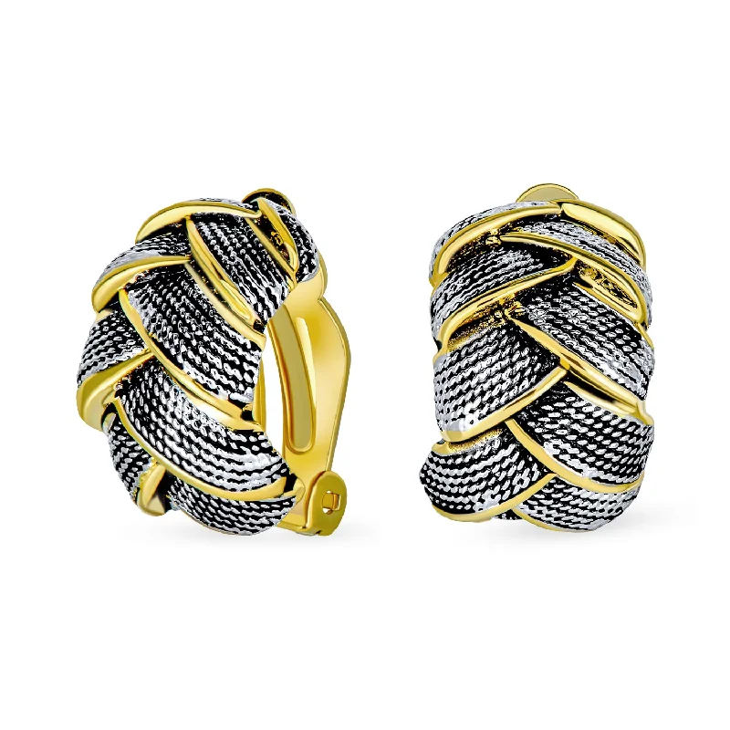 Half Hoop Shrimp Style Clip-On Earrings Two Tone Woven Cable Silver Gold Plated