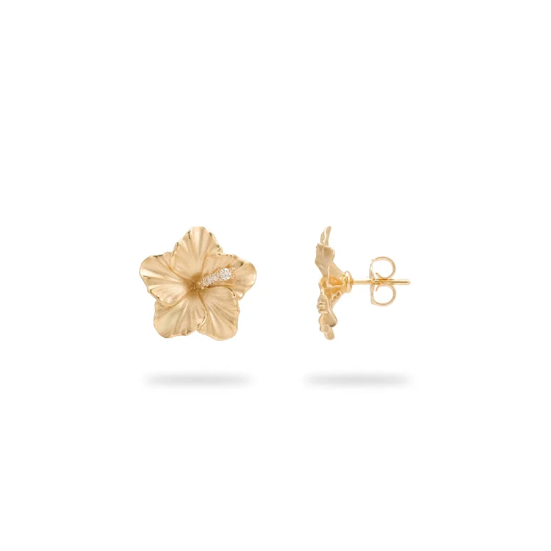 Hawaiian Gardens Hibiscus Earrings in Gold with Diamonds - 14mm