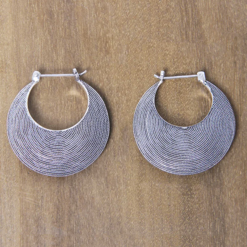 Hypnotic Bali Moon Handmade Textured Sterling Hoop Earrings from Bali