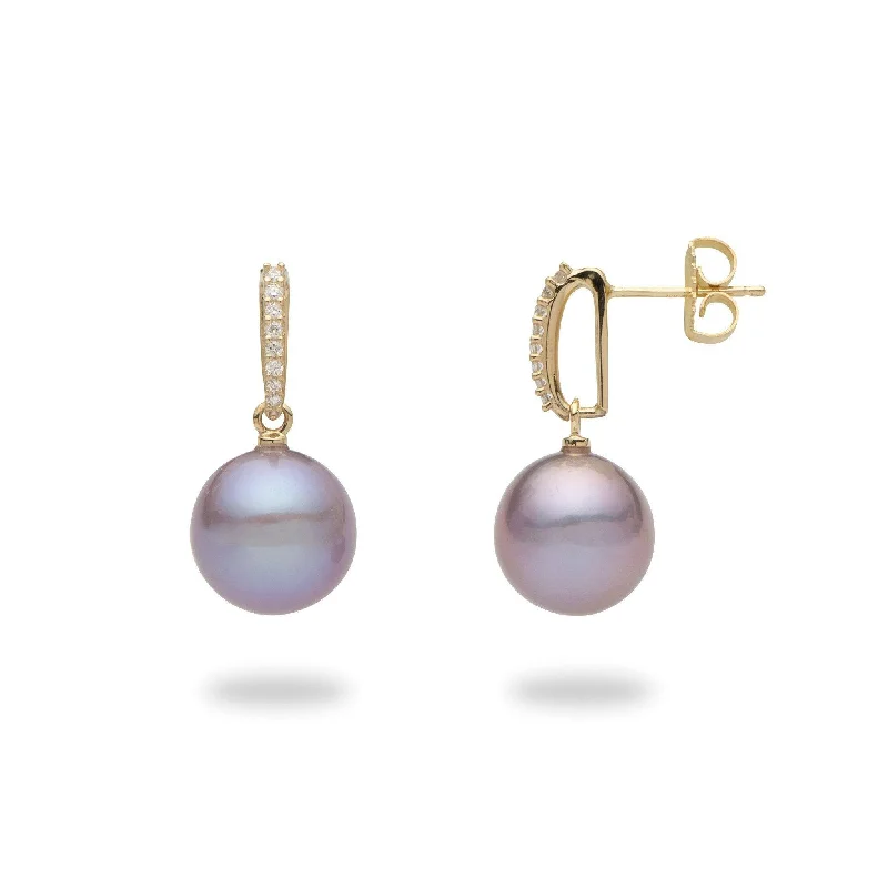 Lilac Freshwater Pearl Earrings in Gold with Diamonds - 11-12mm