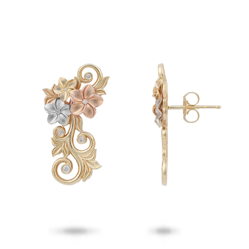 Living Heirloom Plumeria Earrings in Tri Color Gold with Diamonds - 25mm