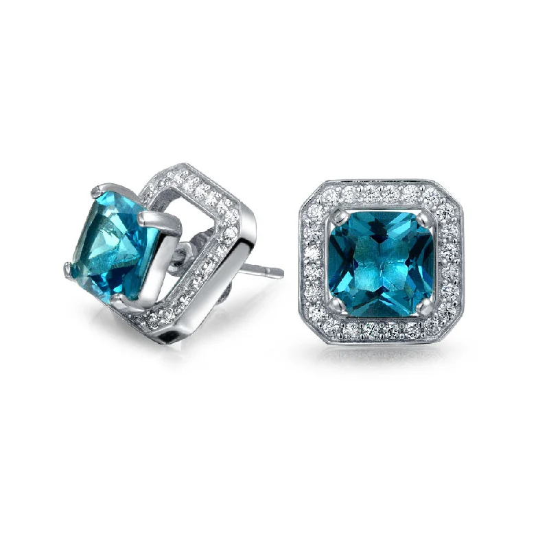 London Blue CZ Halo Square Earring Jacket with Princess Cut Studs in Silver