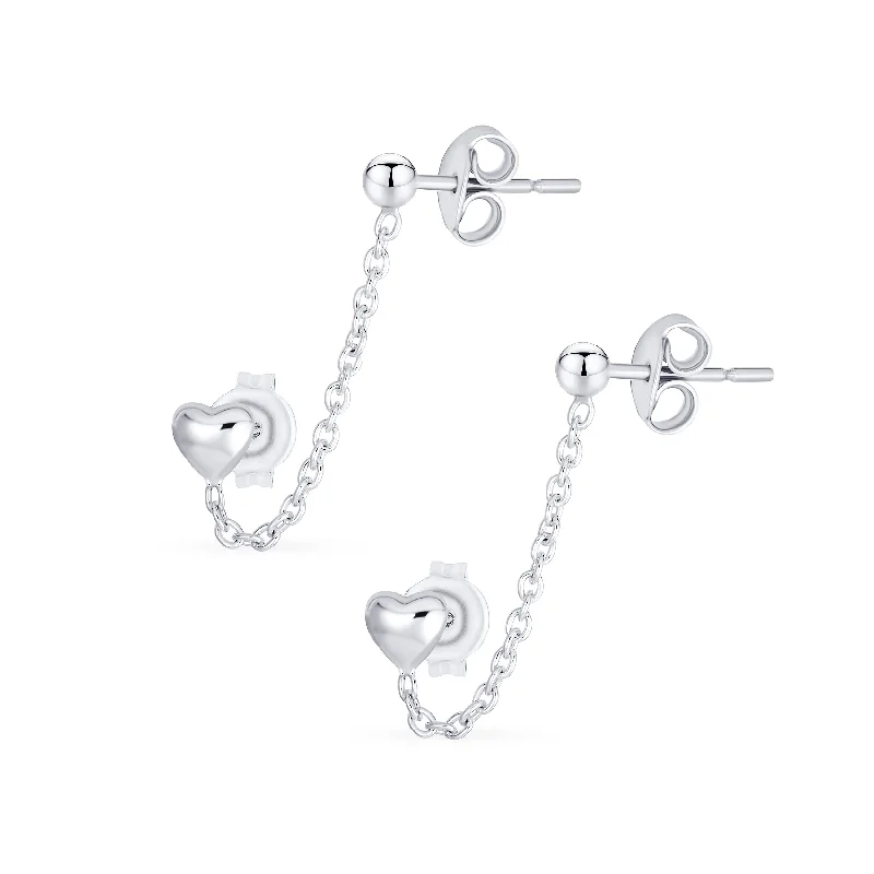 Love Double Pierced Mini Heart Ear Cuff Cartilage Chain & Ball Stud Earrings Silver