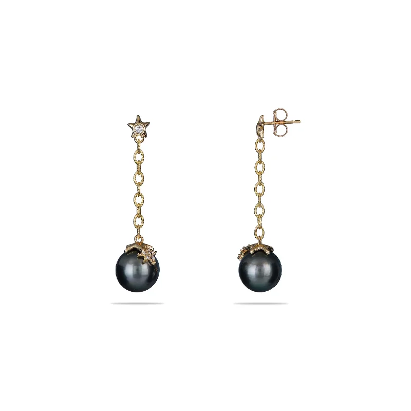 Reefs Starfish Tahitian Black Pearl Earrings in Gold with Diamonds - 10-11mm