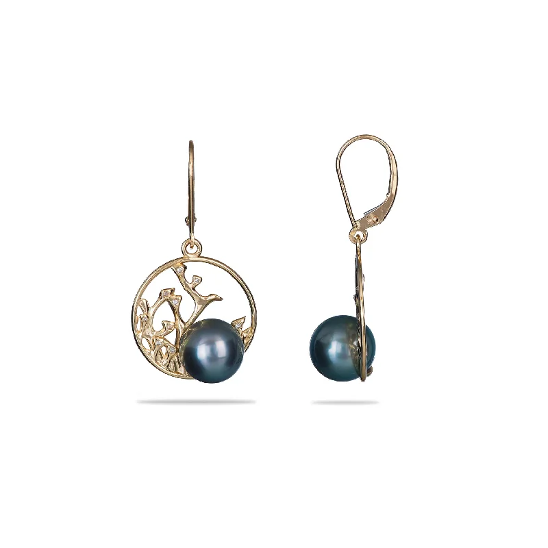 Reefs Tahitian Black Pearl Earrings in Gold with Diamonds - 9-10mm