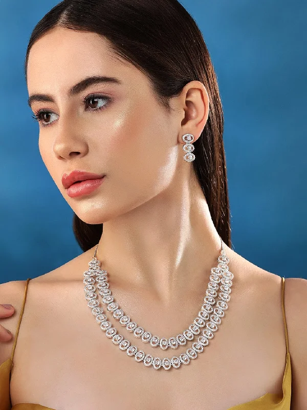 Rubans Rhodium Plated Premium White Round Zircons Studded Classy Double Layer Statement Jewellery Set.